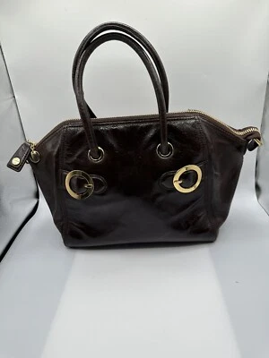 MILLY Brown Glossy Leather Satchel Tote Handbag - Image 1 of 4