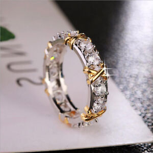 Woman Double Color White Fire Topaz Gems Yellow Gold Plated Silver Ring Sz 6-10