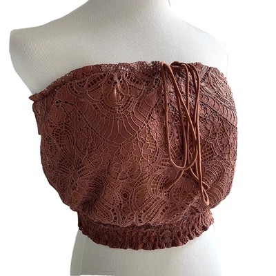 Top Corbo H&M Pequeño 4 Boho Halter Corbata Encaje Marrón Borde Elástico Festival Verano d Foto 1 de 4