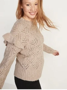 Old Navy Pointelle Knit Sweater Women’s S Blush Pink Ruffle Sleeve Pullover - Picture 1 of 8