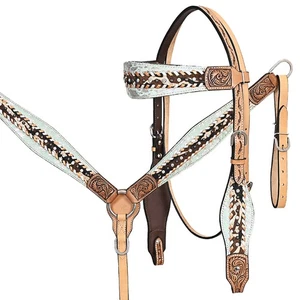 HILASON Western Pferd Kopfstück Brusthalsband Leder Hairon hellbraun | Tack Set für - Bild 1 von 8