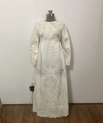 Vintage Handmade 1960s-70s Satin Long Sleeve Wedding Dress with Lace Appliqué  - Image 1 of 4