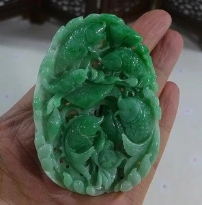 Cert'd Fine Natural Type A Green Jadeite Jade Carp Lotus Flower Pendant 6148 - Picture 1 of 7