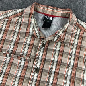 The North Face Mens Button Up Shirt Large Tan Orange Plaid Short Sleeve Pockets - Picture 1 of 14