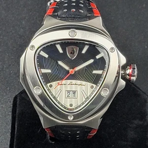 Tonino Lamborghini Watch Mens 45mm Steel Date Swiss Made TL3024 Black Red Strap - Picture 1 of 13