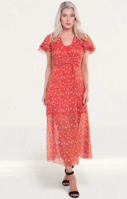 Vestido midi estilo envolvente con estampado floral naranja French Connection para mujer PVP £90 Foto 1 de 4