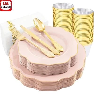 175 PIEZAS Platos Rosa con Cubiertos Desechables Dorados Boda/Fiesta 25 Unidades Nuevo Foto 1 de 4
