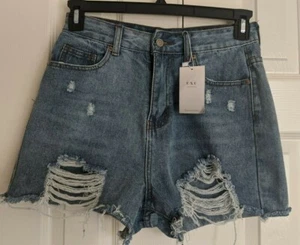 O&O Denim High Waisted Jean Shorts Womens Large Ripped Blue - Picture 1 of 6
