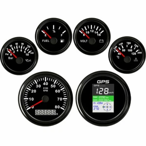 6 Gauge Set Black MPH KM/H Knots GPS Speedometer Tacho Fuel Volts Oil Water Temp - Foto 1 di 7