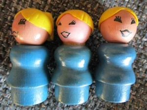 3 VINTAGE FISHER PRICE WOMAN WOOD WOODEN  flat bottom BLUE BODY YELLOW HAIR - Picture 1 of 1