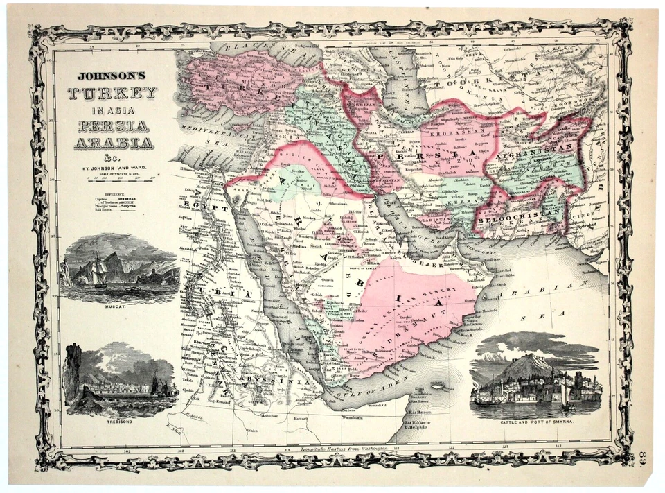 "TURQUÍA EN ASIA, PERSIA, ARABIA" Antiguo mapa original coloreado a mano 1860 Foto 1 de 1