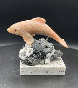 Natural Rhodonite Handcrafted Dolphin Carving, On A Mineral Quartz Base. - Picture 1 of 9
