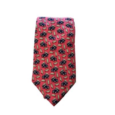 Vineyard Vines Mens Tie 100% Silk Pink with Blue Jeeps and Surf Boards - Image 1 of 4
