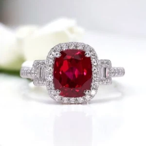 Lab Grown Ruby Engagement Ring Women’s Halo CZ Silver Wedding Jewelry - Picture 1 of 6