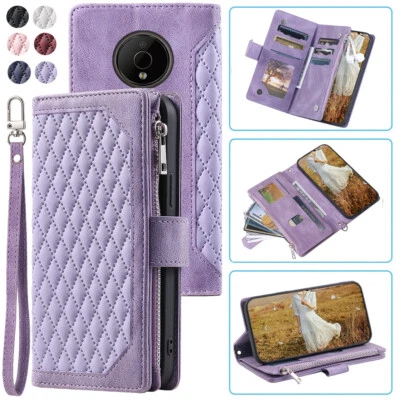 Luxury Rhombic Leather Wallet Case Zipper Flip Card Phone Case For Nokia C200 - Image 1 of 4
