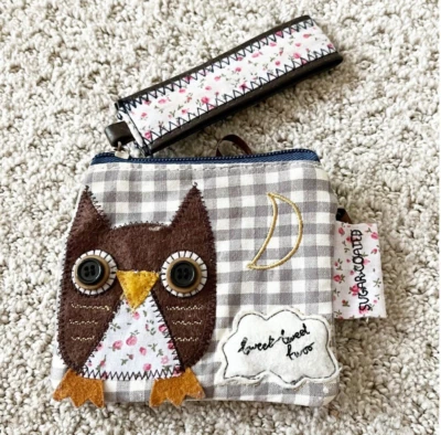 Filz Eule Handgelenktasche | Gingham Stitch Design Mond Herbst Beutel Tasche Herbst Rosa Rosen - Bild 1 von 4