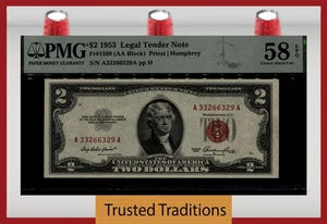 TT FR 1509 1953 $2 LEGAL TENDER NOTE (AA BLOCK) PMG 58 EPQ CHOICE ABOUT UNC. - Picture 1 of 2