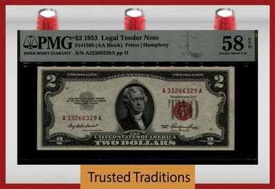 TT FR 1509 1953 $2 LEGAL TENDER NOTE (AA BLOCK) PMG 58 EPQ CHOICE ABOUT UNC. - Image 1 of 2