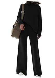 Women's 2 Piece Outfits Sweater Set Wide Leg Pants High Neck Large A- Black - Picture 1 of 7
