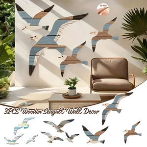 3PC Wooden Seagull Wall Decor Nautical Theme Retro Beach Marine Bird Living Room - Picture 1 of 14