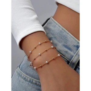 1 Stck. Gold Perlen Lagenlook Armband 3 Strang Zierlich Verstellbar Dreifach Kette Mode  - Bild 1 von 3