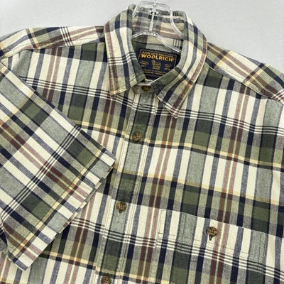 VTG Woolrich Shirt Men Medium Green Khaki Plaid Short Sleeve Button Front Madras - Image 1 of 4