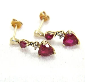 9ct Gold Ruby Diamond Heart Drop Earrings - Picture 1 of 5