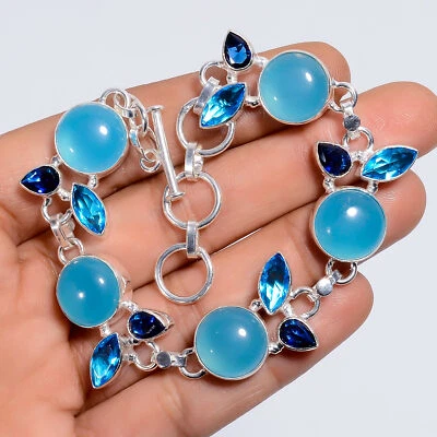 Браслет ручной работы из серебра 925 пробы с натуральным голубым халцедоном топазом 6-8 дюймов ARB1137 - Изображение 1 из 3