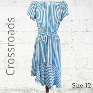 Crossroads | Size 12 | Off Shoulder Short Sleeve Striped Midi Asymmetrical Dress - Picture 1 of 9