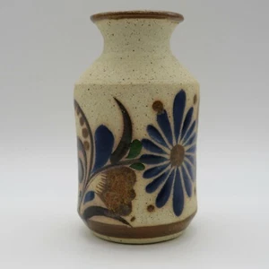 Signed Hand Crafted Mexican Tonala Sandstone Pottery Vase Blue & Brown Design 4" - Picture 1 of 5