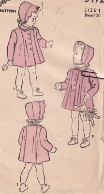 Vintage 1940s Baby Girls Coats and Bonnets Pattern Sz 12 Mos or 1 Advance 3412 - Image 1 of 4