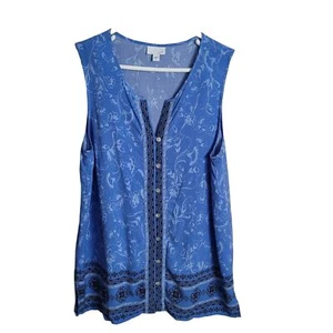 J Jill Womens Blue Scoop Neck Floral Button Front Sleeveless Split Hem Blouse M - Picture 1 of 8