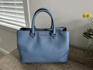 Michael Kors Women’s Large Savannah Blue Satchel Crossbody Bag Saffiano Leather - Picture 1 of 11