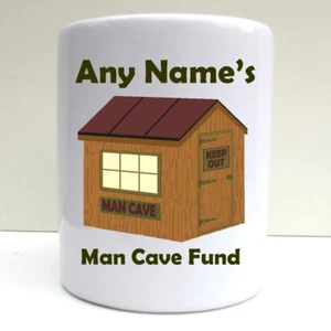 PERSONALISED MAN CAVE FUND GARDEN SHED PRINT CERAMIC MONEY BOX SAVING POT - Picture 1 of 4