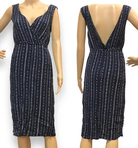 City Treasures Blue Crepe DRESS Medium Plunging Neck And Back Sleeveless Stripes - Picture 1 of 8