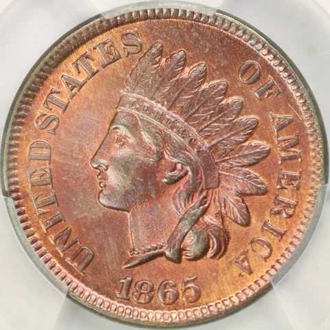 1865 Plain 5 Indian Cent PCGS MS64RB Cover