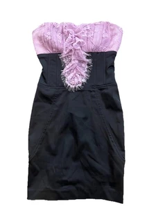 Bebe Damen lila & schwarz trägerloses Minikleid Gr. XS Spitze Rüschen violett - Bild 1 von 16
