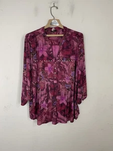 Cocomo Damen Übergröße Blumen Langarm Bluse Oberteil Lila Magenta Nieten - Bild 1 von 8