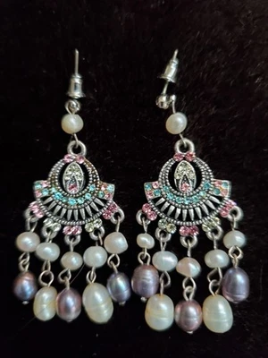 Vintage  Multi Color Rhinestone Artificial Pearl Post  Drop Dangle Earrings - Image 1 of 4