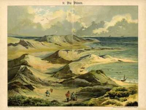 1891 WALTHER CHROMOLITHOGRAPH seascape: beach, dunes, sea, gulls, fishermen - Picture 1 of 2