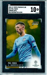 2020-21 Phil Foden Topps Stadium Club Chrome Gold Refractor Card 18/50 SGC 10