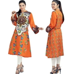 Handmade floral lace and gather printed orange kurta kurti dress tunic  L/XL - Picture 1 of 13