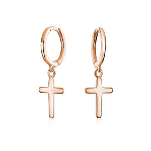 Small Plain Delicate Religious Dangling Charm Cross Hoop 10K Rose Gold Earring