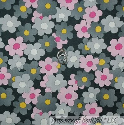BonEful Fabric FQ Cotton Quilt Gray White Pink Yellow Flower Polka Dot Garden US - Image 1 of 4