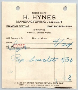 Butte, MT H. Hynes Jeweler / Leys Jewelry 1924 Billhead "Repair Bracelet 50c" - Picture 1 of 2