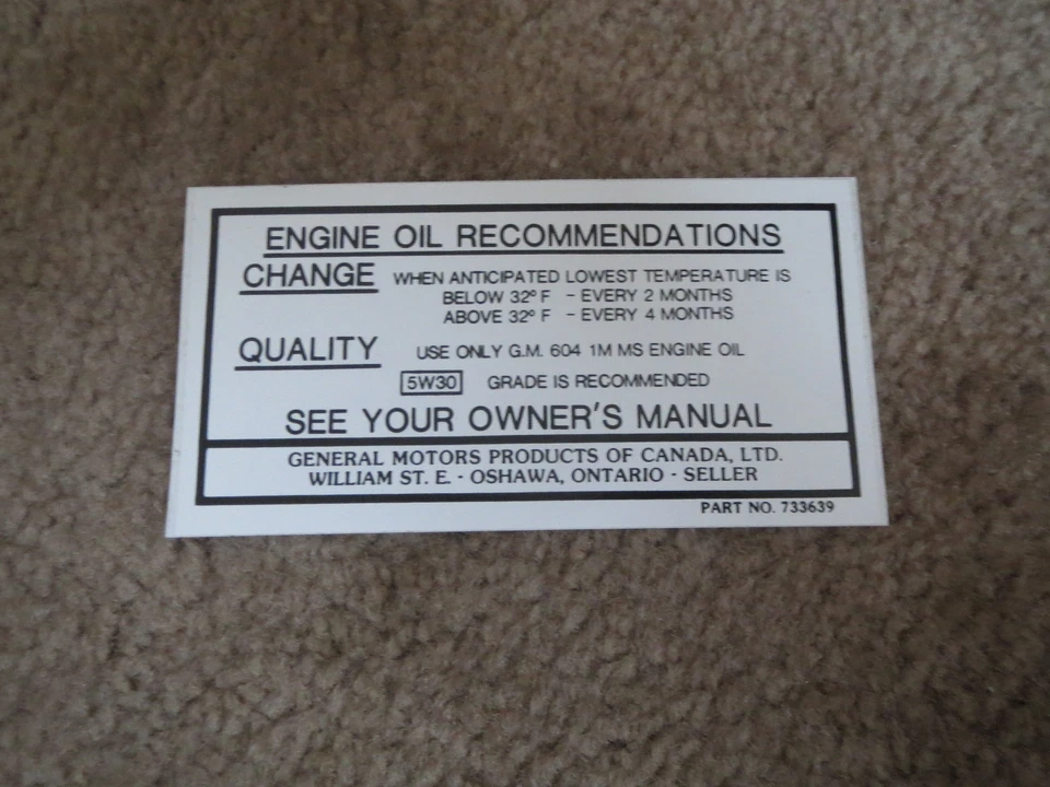 Chevrolet Impala 1967 Camaro Chevelle Canadá calcomanía de cambio de aceite nueva Foto 1 de 1