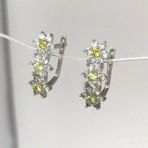 925 Sterling Silver Flower Shaped CZ Leverback Birthstone Earrings Yellow Stone - Picture 1 of 2