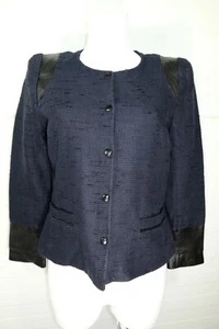  Claudie Pierlot Navy Blue Linen Blend Knit Jacket Lamb Leather Elements Size 38 - Picture 1 of 8