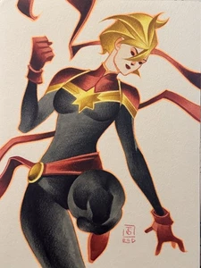 CAPTAIN MARVEL 8X11" ARTE PINUP ORIGINAL POR FAMOUR DC MARVEL ARTISTA TTHONY SILAS - Imagen 1 de 2