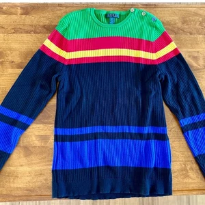 Lauren Ralph Lauren gestreifter Rippstrick Pullover mehrfarbig Knopfleiste Schulter XL - Bild 1 von 8
